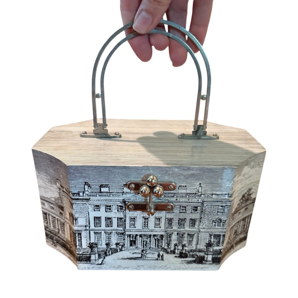 1940s-60s Fornasetti Style Wooden Decoupage Purse Vintage Antique Collectible